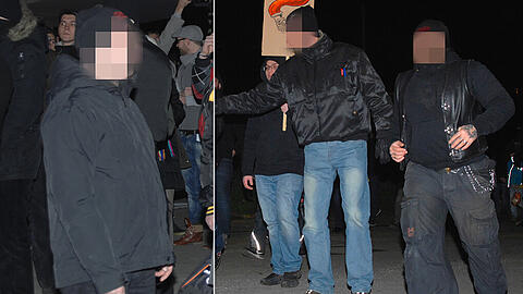 Wegen Körperverletzung vorübergehend festgenommen: Karl-Heinz S. (l.) bei Bagida. Rechtes Bild: Von der Anklagebank im NSU-Prozess direkt zur Demo: André E (r.).