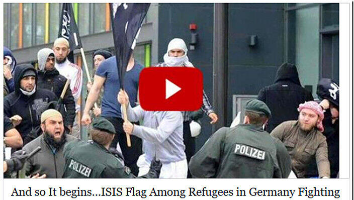 "Flüchtlinge schwenken IS-Fahnen." Nein, Salafisten 2012 in Solingen. "Flüchtlinge schwenken IS-Fahnen." Nein, Salafisten 2012 in Solingen.
