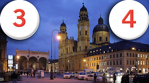 Hochbarock am Odeonsplatz: die Theatinerkirche St. Kajetan mit ihrem Namenspatron Cajetanus an der gelben Schaufassade.