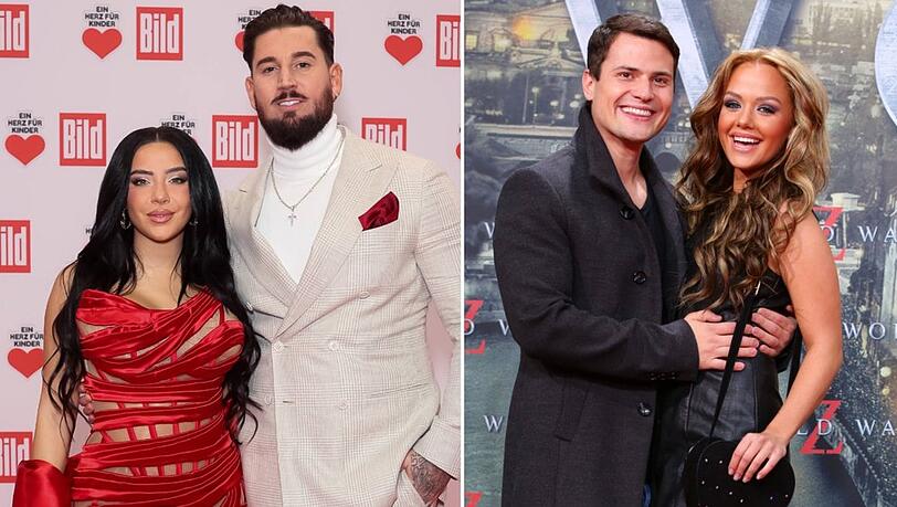 Dschungelehe und Dschungelbaby: Leyla und Mike Heiter (l.) heirateten nach dem Kennenlernen im Dschungelcamp, bei Rocco Stark und Kim Gloss gab es Nachwuchs.