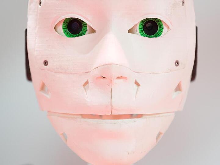 Ein Robotergesicht aus dem 3D-Drucker steht am Stand von Vodafone bei der Digitalisierungsmesse Cebit. Foto: Julian Stratenschulte/dpa