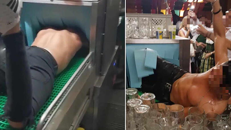 Bizarr: Ein Mann hüpft in die Bierkrug-Waschstraße und kommt zwischen sauberen Krügen wieder raus.