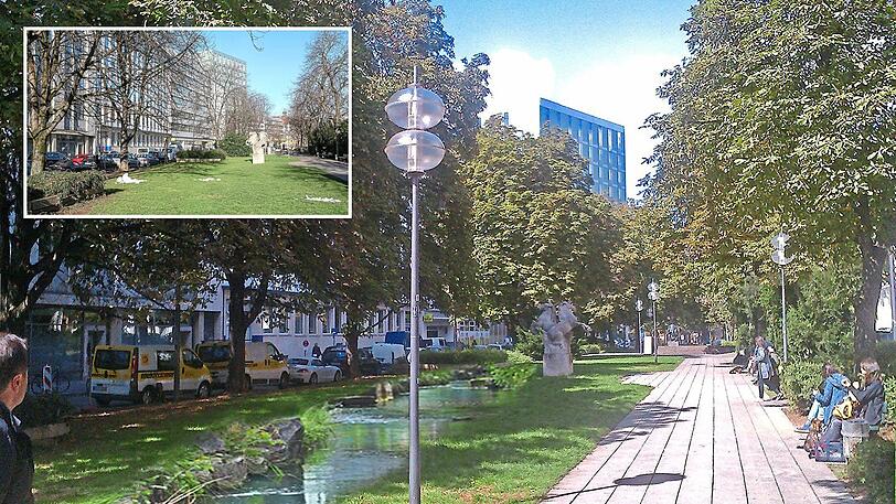 Mit einem Stadtbach und mehr Platz für Flanierer könnte der Herzog-Wilhelm-Park gleich besser aussehen, findet Greencity. Im kleinen Foto: der Ist-Zustand.