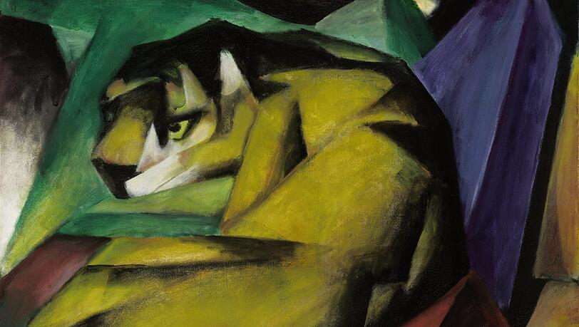 Starke Farben können durchaus bedrohlich wirken - im Fall von Franz Marcs "Tiger" aus dem Jahr 1912 sollen sie Aufmerksamkeit auslösen. Das Tier ziert in London die "Blue Rider"-Plakate. Starke Farben können durchaus bedrohlich wirken - im Fall von Franz Marcs "Tiger" aus dem Jahr 1912 sollen sie Aufmerksamkeit auslösen. Das Tier ziert in London die "Blue Rider"-Plakate.
