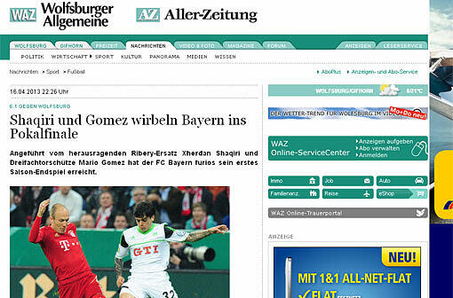 Die "Wolfsburger Allgemeine" erkennt die klasse Leistung der Bayern-Offensive an