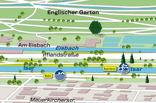 Höhe Poschingerstraße:  Baden und Boot fahren oder einfach die Stille abseits des ganz normalen Münchner Alltags genießen.