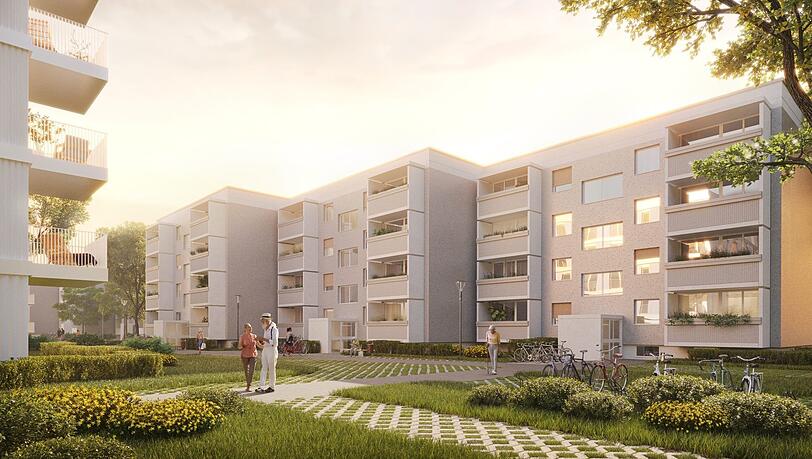 Zwölf Neubauten mit Mietwohnungen entstehen im Quartier Fürstenried West: Diese Visualisierung zeigt eines der geplanten Häuser. Zwölf Neubauten mit Mietwohnungen entstehen im Quartier Fürstenried West: Diese Visualisierung zeigt eines der geplanten Häuser.
