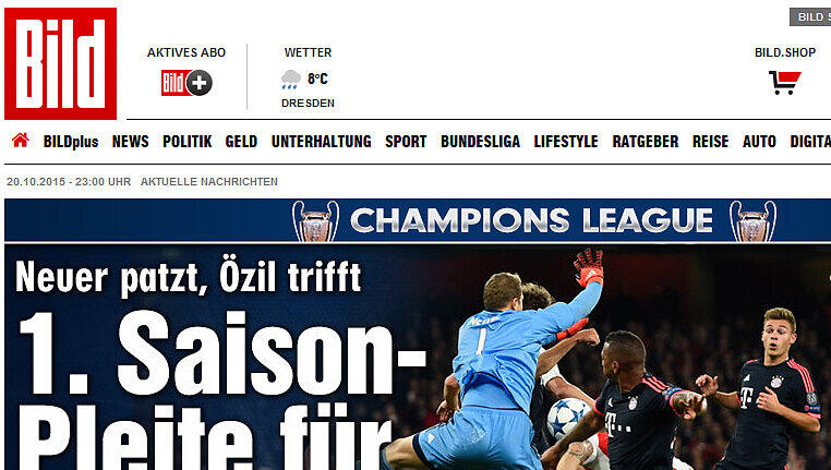 bild.de thematisiert die 1. Saison-Pleite für den Rekordmeister. bild.de thematisiert die 1. Saison-Pleite für den Rekordmeister.