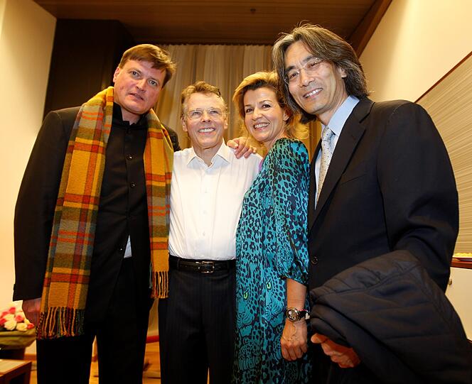 Mariss Jansons mit Christian Thielemann, Anne-Sophie Mutter und Kent Nagano nach einer Aufführung der &bdquo;Gurrelieder&ldquo; im Gasteig.