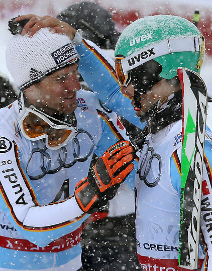 Fritz Dopfer und Felix Neureuther feiern ihre Silber- und Bronzemedaille bei der Ski-WM in den USA