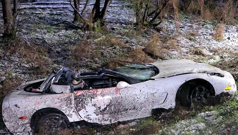 Das Dach des Sportwagens ist nach dem Unfall bei Gernsheim abgerissen. Das Dach des Sportwagens ist nach dem Unfall bei Gernsheim abgerissen.