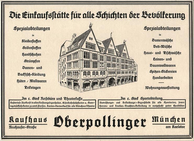 Ein Werbeschild mit dem Kaufhaus Oberpollinger.