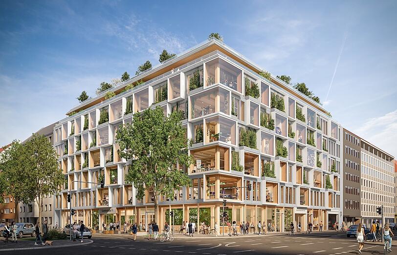 Eine unregelmäßig gegliederte und begrünte Fassade: Damit will das nachhaltige Bürogebäude punkten.
