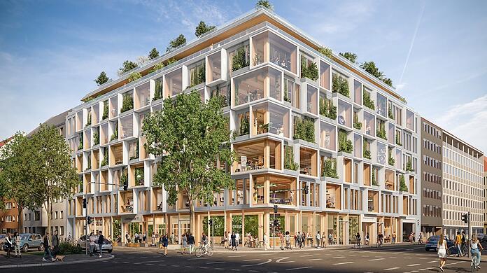 Eine unregelmäßig gegliederte und begrünte Fassade: Damit will das nachhaltige Bürogebäude punkten.