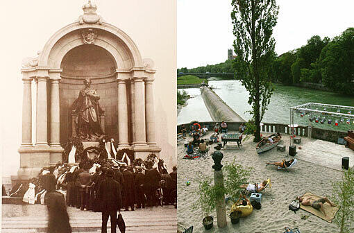 So soll's wieder werden: Das Kini-Denkmal (l.) stand bis 1942 auf dem großen Vorsprung der Corneliusbrücke (r.). Dann wurde es eingeschmolzen.