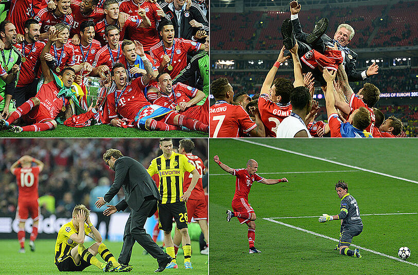 25. Mai 2013, Champions-League-Finale: Dortmund - FC Bayern 1:2

In Wembley muss Mario Götze kurz vor seinem Wechsel zum Kontrahenten verletzt mitanschauen, wie Robben die Bayern in der 89. Minute auf den Thron ballert. Nach zwei Finalniederlagen erobern die Bayern bei Heynckes' internationalem Abschied den Henkel-Pott.