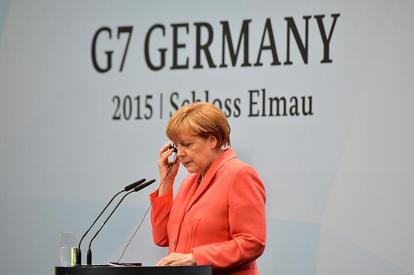 Bundeskanzlerin Angela Merkel auf einer Pressekonferenz während des G7-Gipfels.