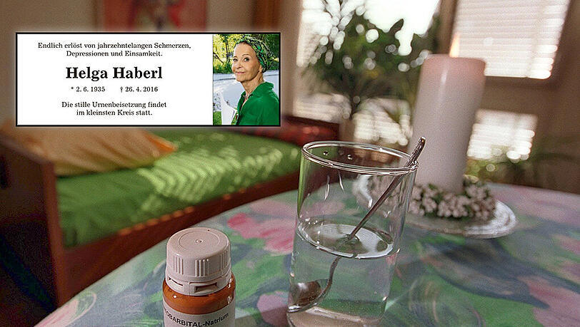"Nach einiger Zeit wird die Atmung flacher und setzt schließlich aus": das Betäubungsmittel Natrium-Pentobarbital, daneben ein Glas Wasser, in einem Zimmer des Sterbehilfe-Vereins Dignitas in Zürich. "Nach einiger Zeit wird die Atmung flacher und setzt schließlich aus": das Betäubungsmittel Natrium-Pentobarbital, daneben ein Glas Wasser, in einem Zimmer des Sterbehilfe-Vereins Dignitas in Zürich.