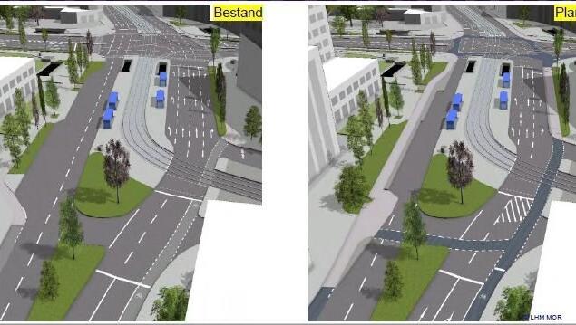 Die Seidlstraße Richtung Stiglmaierplatz wie sie jetzt ist (l.) – und wie sie mit weniger Autospuren und mehr Platz für Radler aussehen könnte. Die Seidlstraße Richtung Stiglmaierplatz wie sie jetzt ist (l.) – und wie sie mit weniger Autospuren und mehr Platz für Radler aussehen könnte.