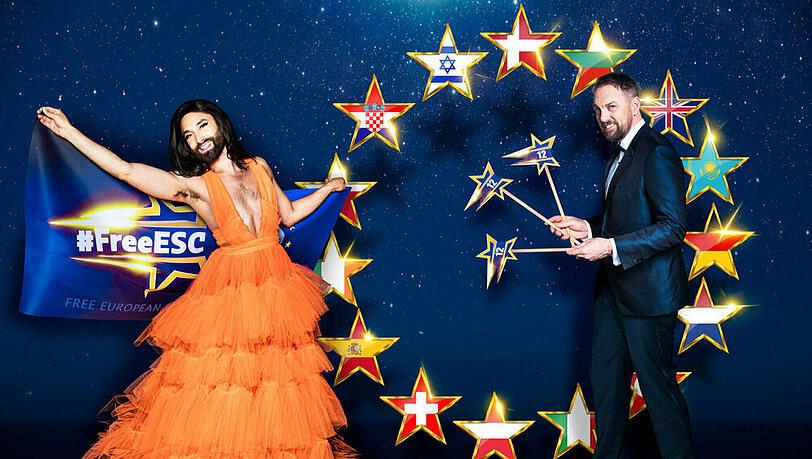 Conchita Wurst und Steven Gätjen (r.) werden den "Free European Song Contest" moderieren. Conchita Wurst und Steven Gätjen (r.) werden den "Free European Song Contest" moderieren.