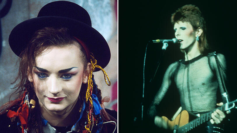 Diese Paradiesvögel haben die schwule Popmusik geprägt - David Bowie und Boy George.