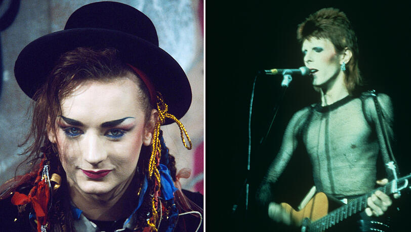 Diese Paradiesvögel haben die schwule Popmusik geprägt - David Bowie und Boy George. Diese Paradiesvögel haben die schwule Popmusik geprägt - David Bowie und Boy George.