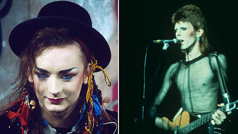 Diese Paradiesvögel haben die schwule Popmusik geprägt - David Bowie und Boy George.