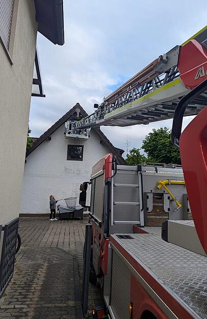 Um den Kobel sicher erreichen zu können, kam eine Drehleiter der Feuerwehr zum Einsatz. Um den Kobel sicher erreichen zu können, kam eine Drehleiter der Feuerwehr zum Einsatz.