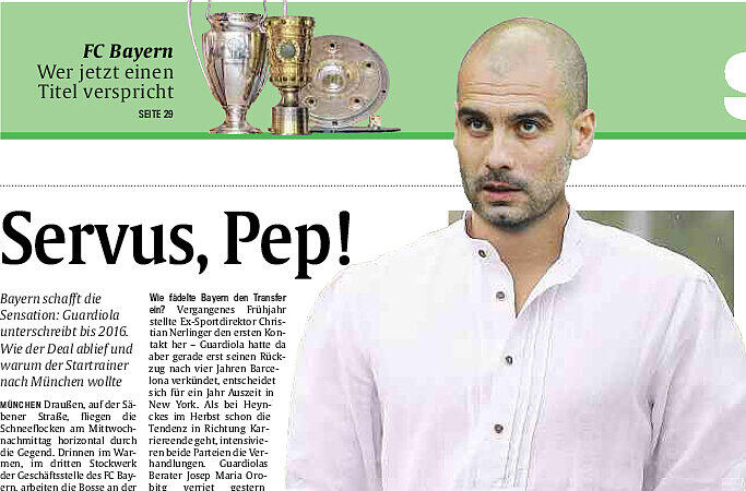 17. Januar: Und ab in die Lederhosn &ndash; so wird in der AZ-Montage aus Pep ganz schnell der Sepp Guardiola. Der Katalane übernimmt die Bayern ab dem 1. Juli &ndash; und will sich bis dahin nicht äußern. Die Fahndung nach Pep-News beginnt.
