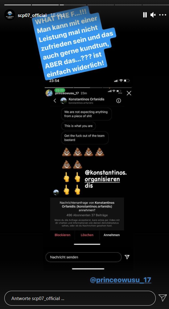 Der SC Paderborn teilte die wüste Hetz-Nachricht in seiner Instagram-Story. Der SC Paderborn teilte die wüste Hetz-Nachricht in seiner Instagram-Story.