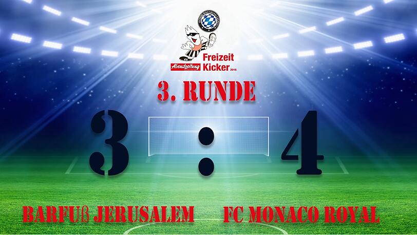 Nach einer spannenden Partie gewann der FC Monaco Royal gegen Barfuß Jerusalem. Nach einer spannenden Partie gewann der FC Monaco Royal gegen Barfuß Jerusalem.