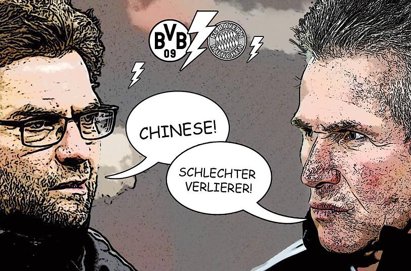 Schlagabtausch wie im Comic: Dortmund-Trainer Jürgen Klopp (l.) legt mit seinem China-Vorwurf vor, Bayerns Jupp Heynckes reagiert ungehalten.
