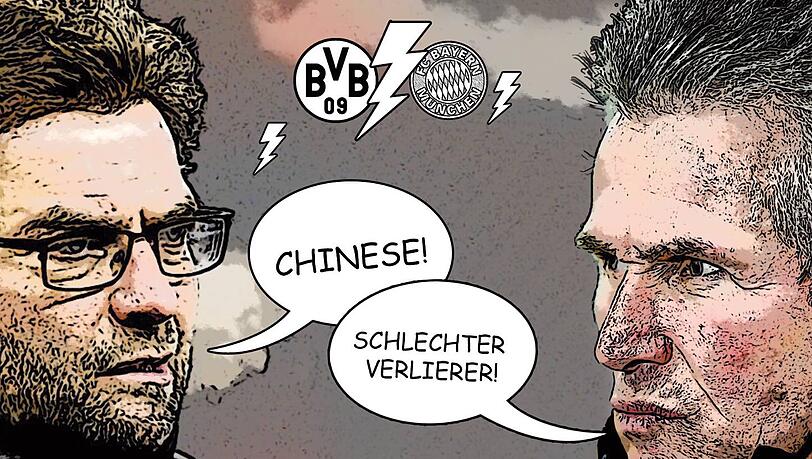 Schlagabtausch wie im Comic: Dortmund-Trainer Jürgen Klopp (l.) legt mit seinem China-Vorwurf vor, Bayerns Jupp Heynckes reagiert ungehalten. Schlagabtausch wie im Comic: Dortmund-Trainer Jürgen Klopp (l.) legt mit seinem China-Vorwurf vor, Bayerns Jupp Heynckes reagiert ungehalten.