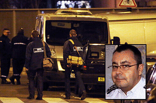 Ermittler am Tatort nach den Anschlägen auf das Satiremagazin "Charlie Hebdo" in Paris. Der Polizist Helric Fredou (kleines Bild) hat sich wenige Tage später das Leben genommen.