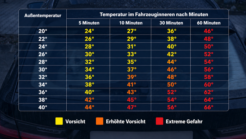 Bereits nach kurzer Zeit steigt die Temperatur im Auto in einen gefährlichen Bereich. Bereits nach kurzer Zeit steigt die Temperatur im Auto in einen gefährlichen Bereich.