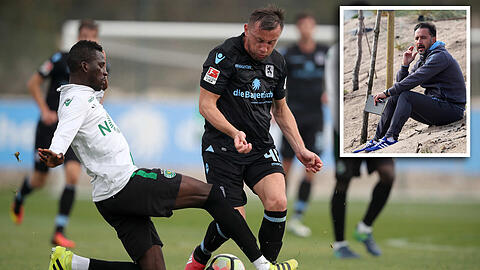 Unter den Augen von Trainer Vitor Pereira (kleines Bild) setzt sich Löwen-Stürmer Ivica Olic (r.) im Zweikampf durch.