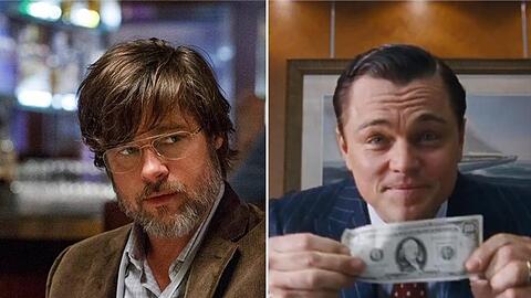Geld regiert die Welt: Brad Pitt (l.) mit ungewöhnlicher Optik in "The Big Short" und Leonardo DiCarpio in "The Wolf of Wall Street".
