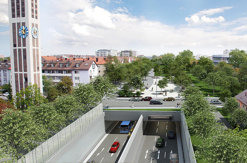 So soll der neue &bdquo;Heckenstaller-Park&ldquo; mal aussehen - das neue grüne Areal östlich des Ring-Trogs, den eine Lärmschutzwand abschirmt.