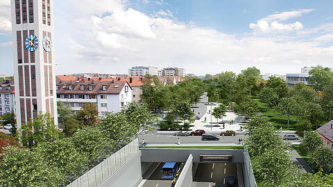 So soll der neue &bdquo;Heckenstaller-Park&ldquo; mal aussehen - das neue grüne Areal östlich des Ring-Trogs, den eine Lärmschutzwand abschirmt.
