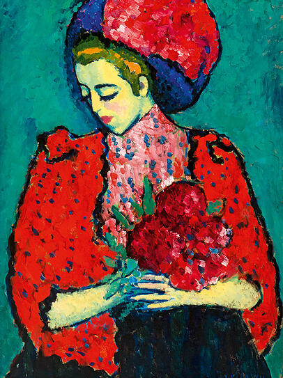 Alexej von Jawlensky: "Mädchen mit Pfingstrosen" (1909, Öl auf Pappe, Sperrholz). Alexej von Jawlensky: "Mädchen mit Pfingstrosen" (1909, Öl auf Pappe, Sperrholz).