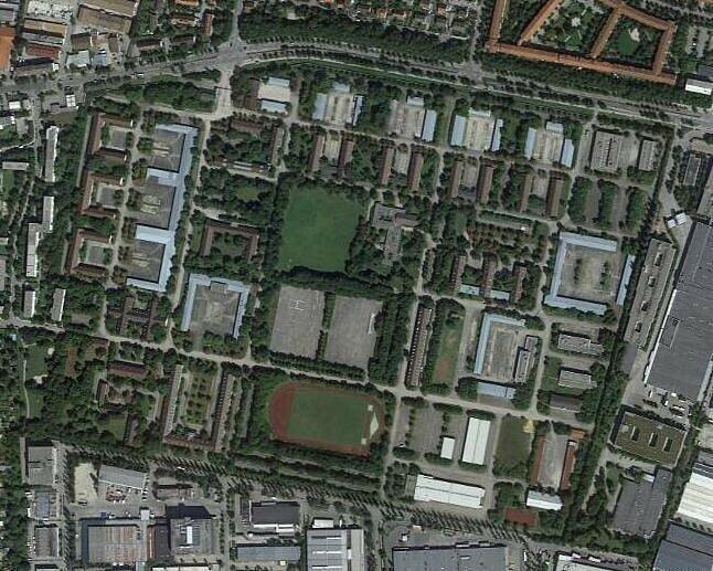 Luftbild der Bayernkaserne in München.