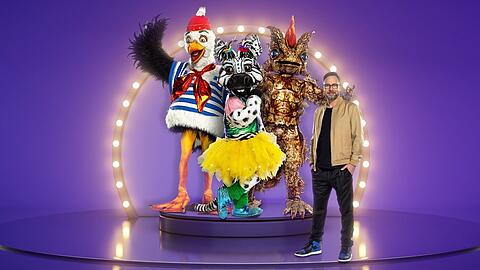 Matthias Opdenhövel und drei der neuen "Masked Singer"-Masken: Möwe, Zebra und Dornteufel.