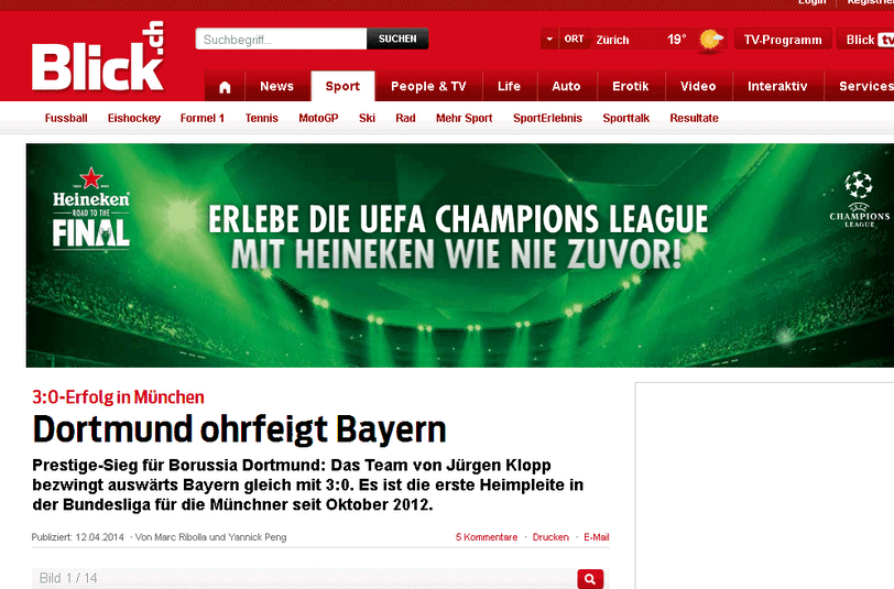 Blick.ch sieht in der Niederlage eine Ohrfeige für die Bayern.