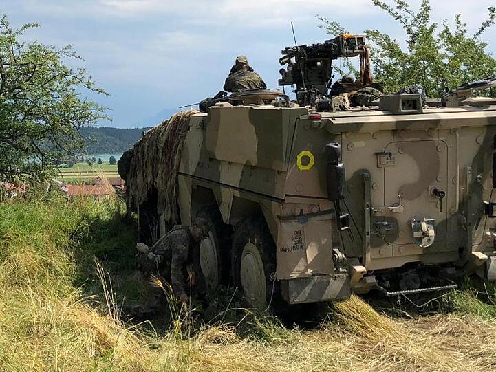 Bei der Brigadegefechtsübung "Berglöwe 2018" steht ein Fahrzeug der Bundeswehr auf einer Wiese. Foto: Bundeswehr/Archiv
