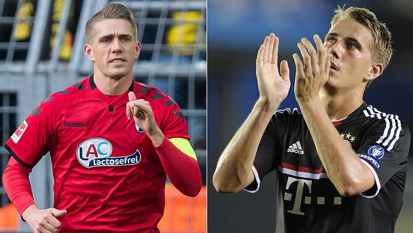 Nils Petersen 2018 im Trikot des SC Freiburg und 2011 im Trikot des FC Bayern (rechts). Aktuell ist der Stürmer mit zwölf Treffern bester deutscher Torschütze der Bundesliga.