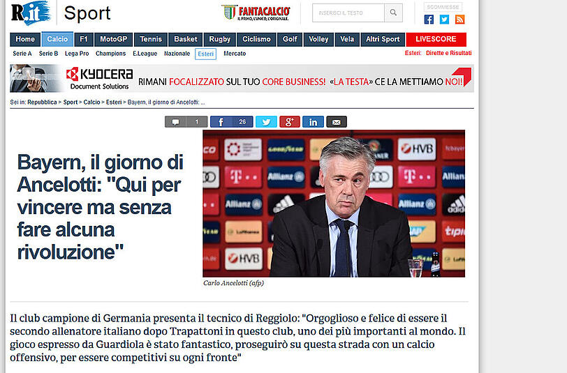 La Repubblica schreibt über Ancelottis Tag: "Ich bin hier, um zu gewinnen, nicht um eine Revolution zu machen".