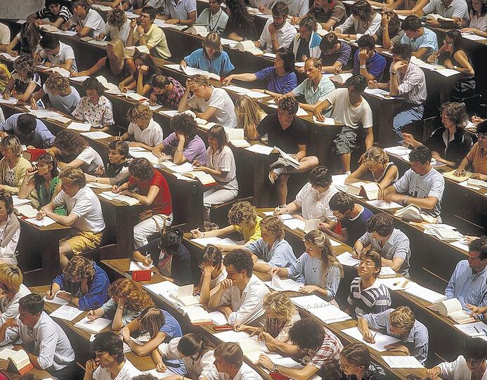Sieht nicht gerade nach Freilandhaltung aus: Studenten in einem brechend vollen Hörsaal.