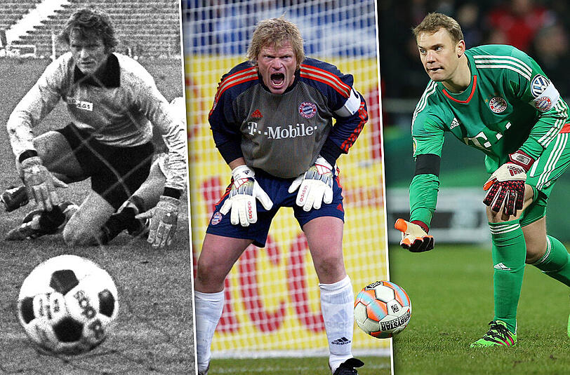 Links: Gewann dreimal in Folge den Europapokal der Landesmeister: Sepp Maier, von 1962 bis 1979 im Profiteam des FC Bayern. Mitte: Oliver Kahn, von 1994 bis 2008 der Titan im Tor des FC Bayern. Holte achtmal den Meistertitel. Rechts: Manuel Neuer spielt seit 2011 für den FC Bayern &ndash; und gewann bereits einmal das Triple, in der Saison 2012/13.