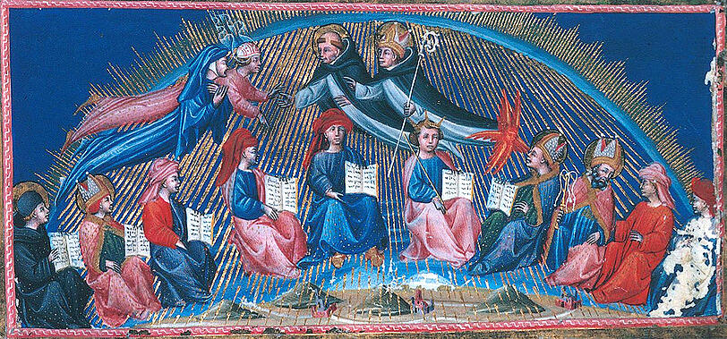 So stellte sich Giovanni di Paolo im 15. Jahrhundert den 10. Gesang aus Dantes &bdquo;Göttlicher Komödie&ldquo; vor: Dante und Beatrice (rechts) treffen zwölf weise Männer in der Sphäre der Sonne, darunter Thomas von Aquin, Albertus Magnus und König Salomon.