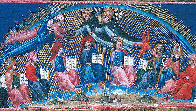 So stellte sich Giovanni di Paolo im 15. Jahrhundert den 10. Gesang aus Dantes „Göttlicher Komödie“ vor: Dante und Beatrice (rechts) treffen zwölf weise Männer in der Sphäre der Sonne, darunter Thomas von Aquin, Albertus Magnus und König Salomon. So stellte sich Giovanni di Paolo im 15. Jahrhundert den 10. Gesang aus Dantes „Göttlicher Komödie“ vor: Dante und Beatrice (rechts) treffen zwölf weise Männer in der Sphäre der Sonne, darunter Thomas von Aquin, Albertus Magnus und König Salomon.